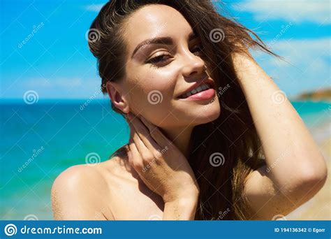 Beautiful Brunette Woman On The Beach Stock Photo Image Of Fashion