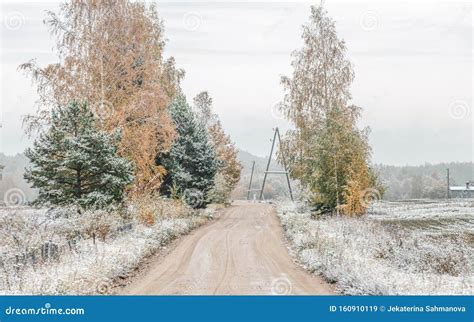 Winter Landscape With First Snow In The Countryside Fields With Late