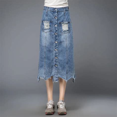 Plus Size Denim Casual Skirts Women Cotton Hole A Line Mid Calf Skirts Summer Spring Autumn