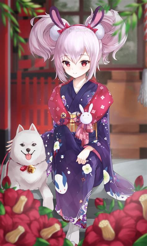 Wallpaper Azur Lane Laffey Cute Dog Kimono White Hair Anime Games
