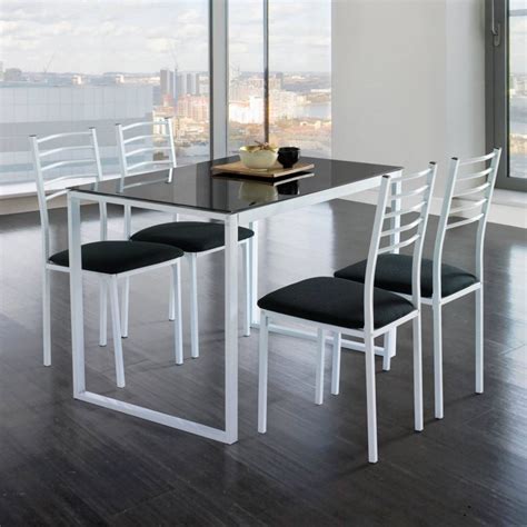 Conjunto de mesa extensible de cristal y cromo y 4 sillas de salón o cocina a juego. Mesa de cocina con 4 sillas barata, color blanco y negro ...