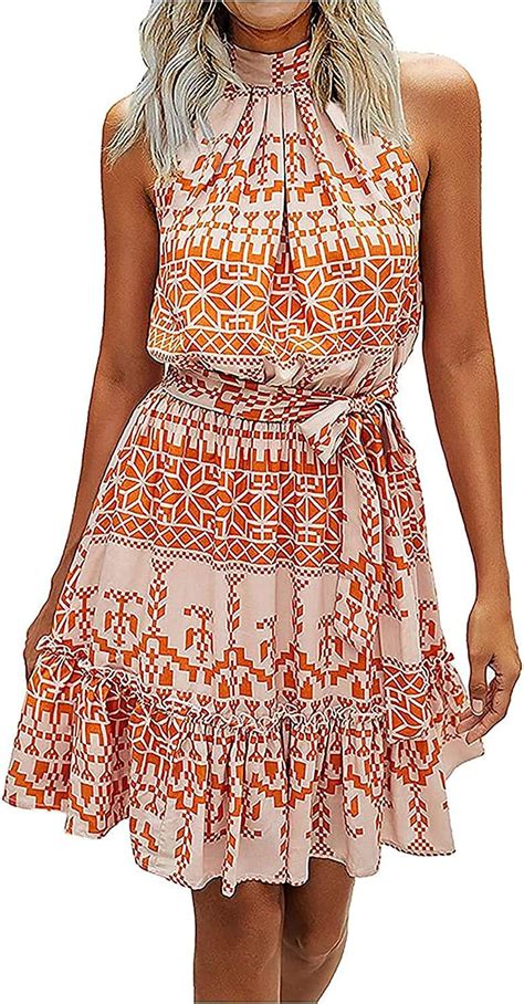 women summer boho halter dress loose ruffle floral print mini dress sleeveless tie back sundress