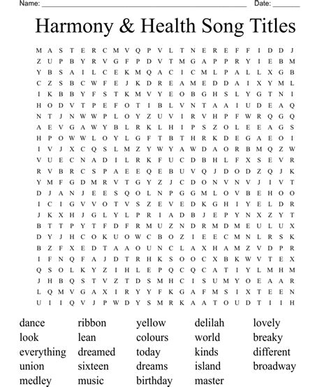 Harmony Health Song Titles Word Search Wordmint