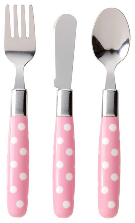 Childrens Cutlery Set 3 Piece Pink And White Spot Modern Baby And