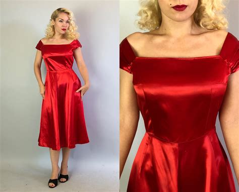 1950s Scarlet Red Liquid Satin Dress Vintage 50s Rayon Cocktail Evening Noir Frock With Wide
