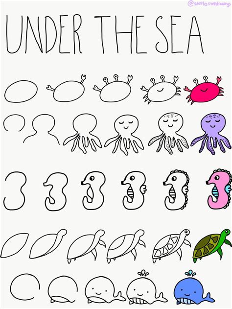 Step By Step How To Draw Ocean Animal Doodles Easy Doodle Art Easy