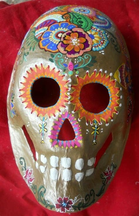 Paper Mache Skull Mask Hand Painted Day Of The Dead Style Ooak 65 By