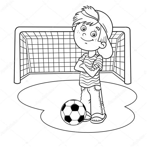 Desenho da página de colorir de um menino uma bola de futebol e