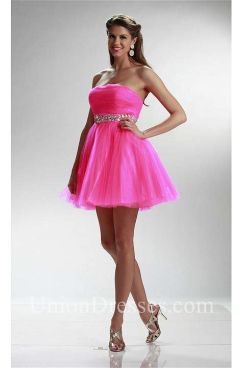 Beautiful Ball Strapless Short Hot Pink Tulle Beaded Cocktail Prom Dress