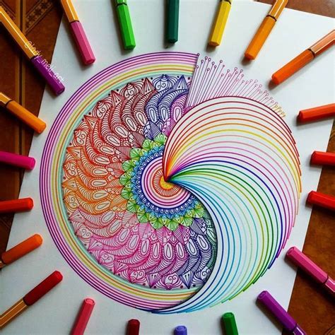 Colored Pens And Geometric Mandalas Zentangles Doodles Flower Art