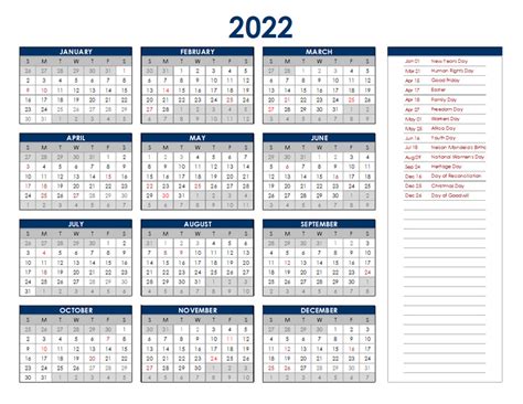2022 South Africa Annual Calendar With Holidays Free Printable Templates