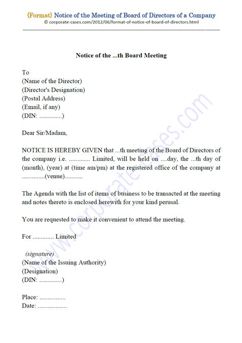 Notice Format Of Meeting Of Board Of Directors Board Meeting