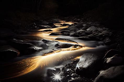 Long Exposure Of Running Creek With Flashes Of Light From The Water
