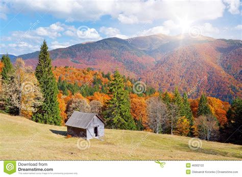 Hut In A Mountain Forest Autumn Landscape Stock Photo