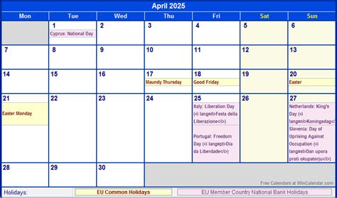 April 2025 Eu Calendar With Holidays For Printing Image Format