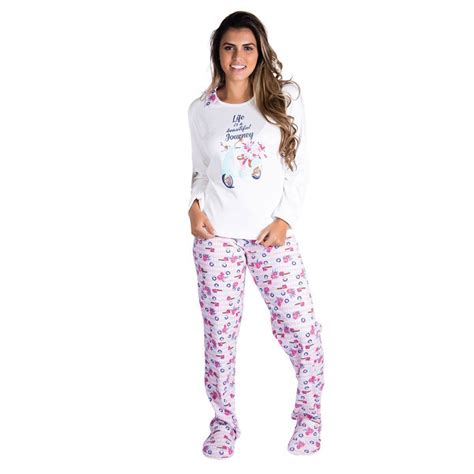 Pijama De Inverno Feminino Estampado Com Gola Em Tecido Canelado Victory Na Bra Lingerie