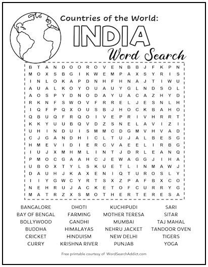 India Printable Word Search Puzzle Word Search Addict