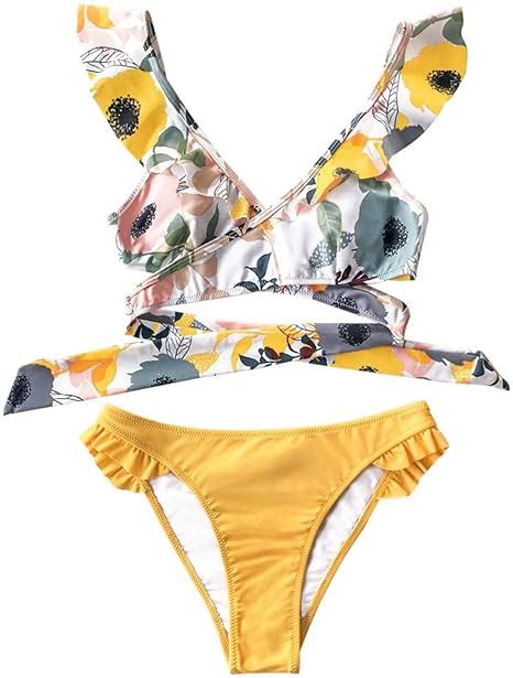 R Schen Wrap Low Taille Bikini Sets Badeanzug Frauen Sexy Gelb Blumen