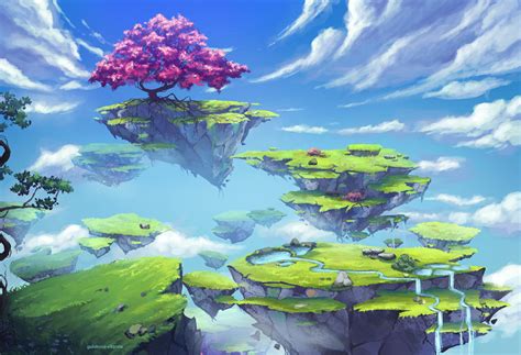 Download Floating Island Waterfall Sky Tree Fantasy Landscape Hd