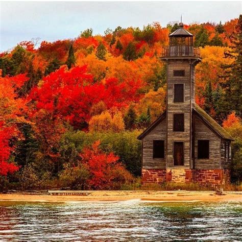 Old Lighthouse Lake Superior Michigan Autumn Scenery Fall