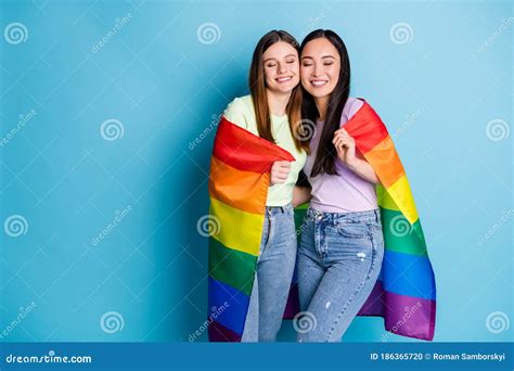 Photo Of Cute Pretty Lesbians Couple Ladies Parade Tolerance Same Sex Marriages Hugging Gay