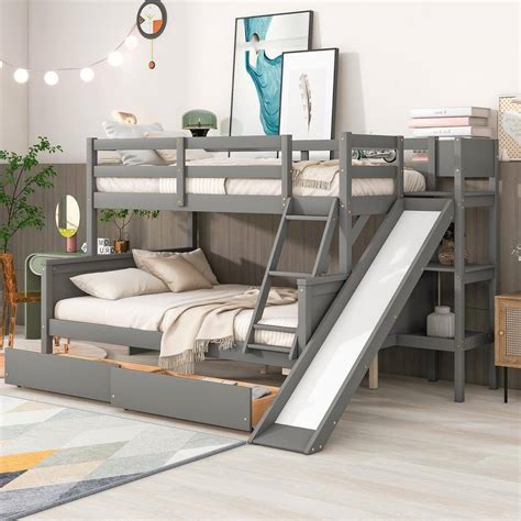Harper And Bright Designs Gray Twin Over Full Bunk Bed With Two Drawers