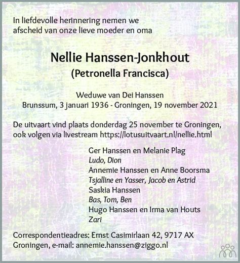 Nellie Petronella Francisca Hanssen Jonkhout 19 11 2021