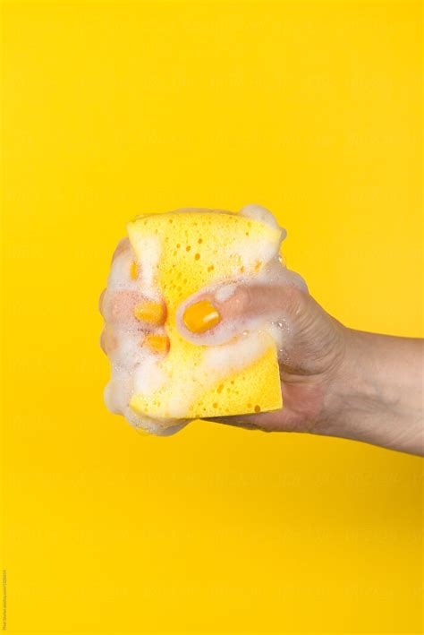 Hand Squeezing Foam From Yellow Sponge By Stocksy Contributor Pixel