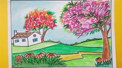 How To Draw A Easy Scenery Flower Garden Scenery Drawing Spring