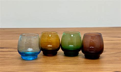 Set Of 4 Colored Etched Shot Glasses Retro Barware Made In Etsy
