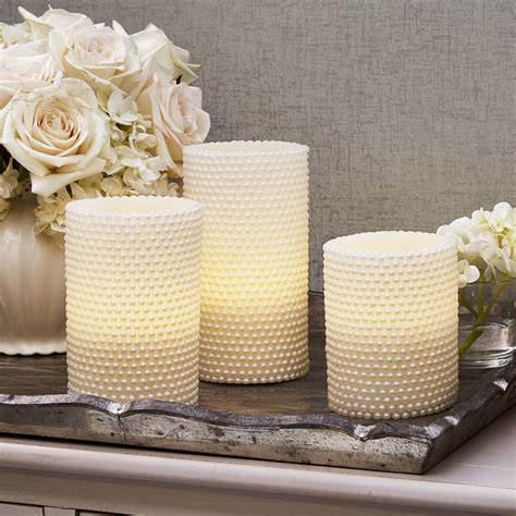 White Pearl Flameless Pillar Candles With Remote Set Of 3 Decor