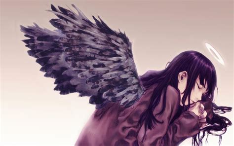 Wallpaper Black Illustration Anime Girls Wings Purple Halo