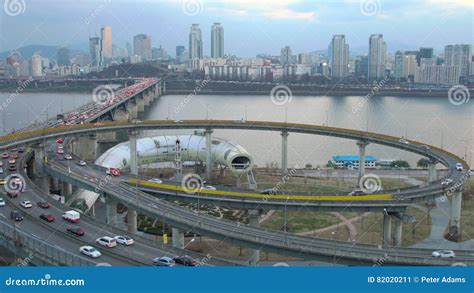 Traffic On Cheongdam On Ramp And Cheongdam Bridge Over Hangang River