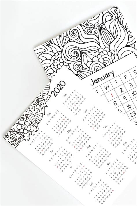 Free Cute Printable Calendar 2020 Coloring Mandala Art