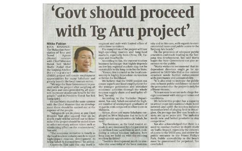 Kota kinabalu, april 20 — the announcement that the tanjung aru eco development (taed) beach project may get a boost from chinese investors has sent alarm bells to the opposition who are warning. `Govt should proceed with Tg Aru project` - MATTA