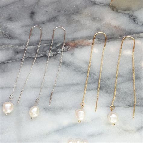 Dainty Pearl Earringsgold Threader Earrings Long Gold Chain Etsy