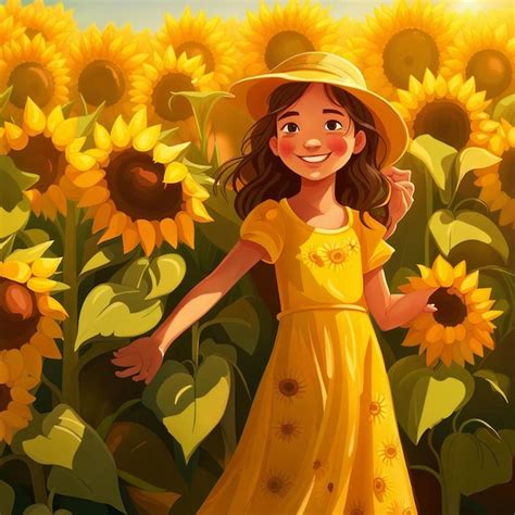 Premium Photo A Cute Girl In Sunflower Garden With Yellow Dress