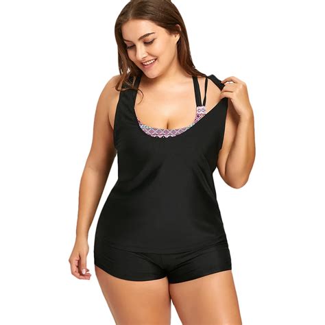 wipalo printed plus size three piece women s set solid black large size beachwear bathing suit