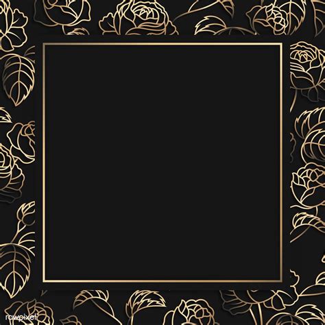 Square Gold Frame On Floral Pattern Black Background Vector Premium