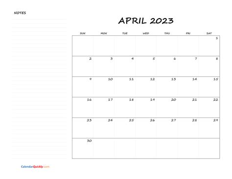 April Blank Calendar 2023 With Notes Calendar Quickly