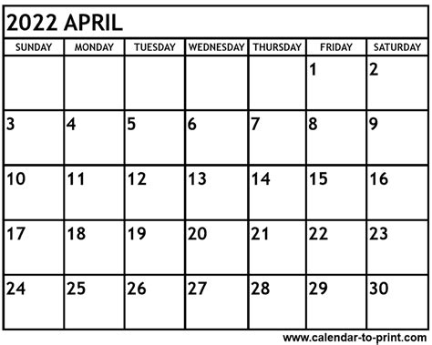 Printable Calendar 2022 Monthly April