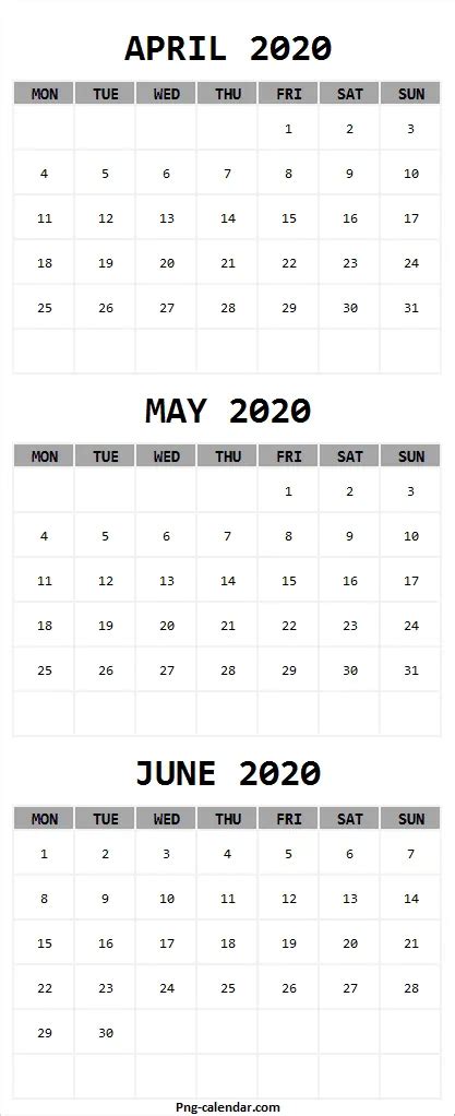 April May June 2020 Calendar Cute 3 Month Calendar 2020