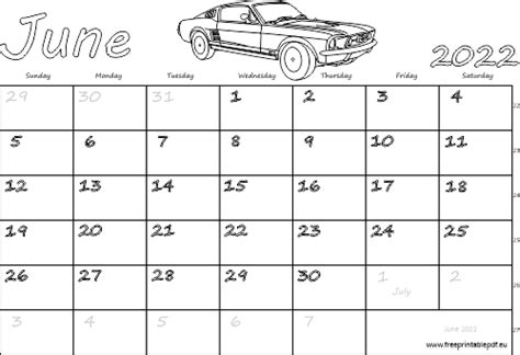 2022 Monthly Calendar Printable June 2022