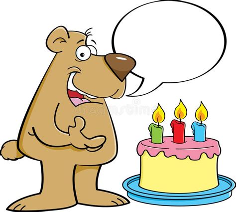 Cartoon Bear With A Speech Balloon And A Birthday Cake Stock Vector