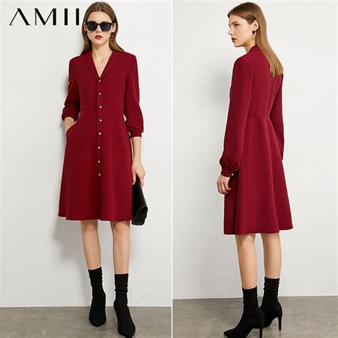 Amii Minimalism Autumn Dresses For Women Fashion Olstyle Lapel Solid High Waist Knee Length