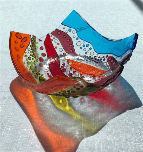 Fused Glass Multicoloured Bowl In A Wavy Look And Bold Design Etsy Fused Glass Colorful