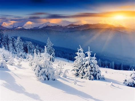 Winter Mountain Glow Sun Bonito Trees Sky Clouds Winter Valley