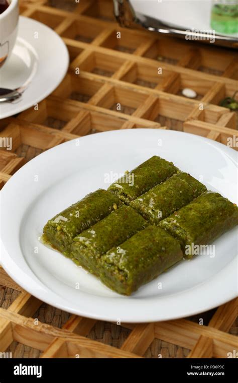 Pistachio Rolls Baklava Fistik Sarma Turkish Traditional Dessert Stock