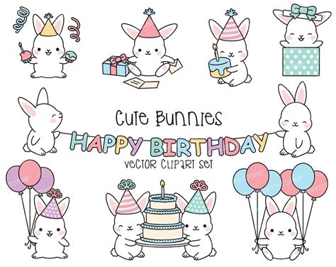 Premium Vector Clipart Kawaii Birthday Bunnies Cute Etsy Clip Art