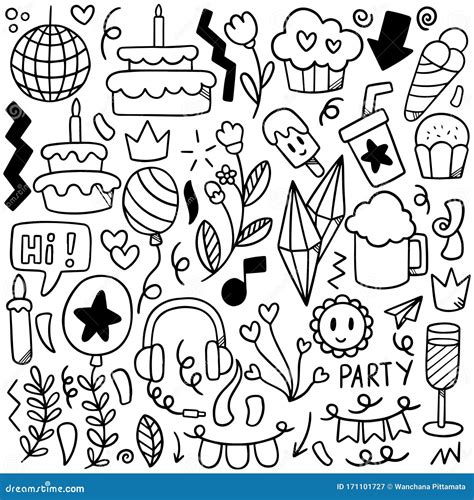 Hand Drawn Party Doodle Happy Birthday Stock Vector Illustration Of Abstract Objects